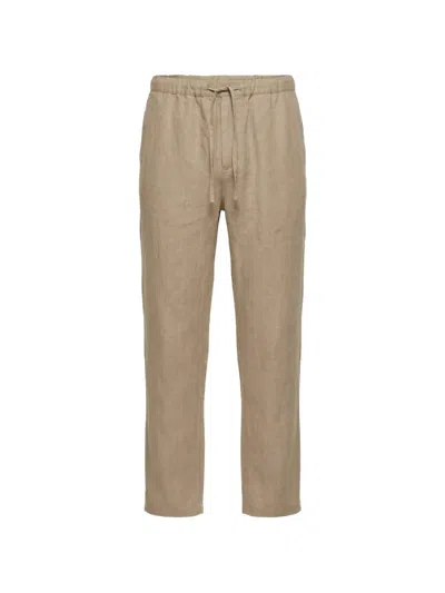 120% Lino Drawstring Linen Trousers In Brown