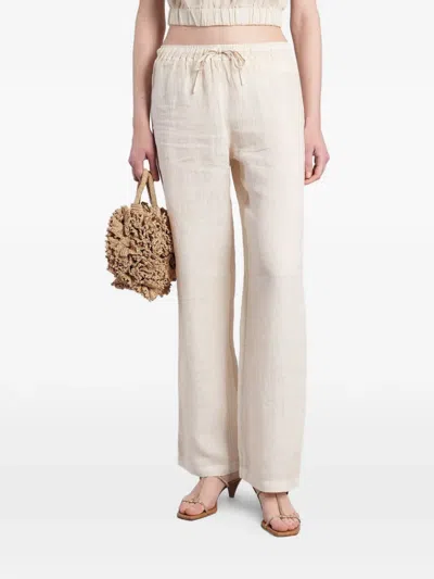 120% Lino Drawstring Straight-leg Trousers In Neutral