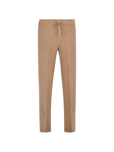 120% Lino Drawstring Trousers In Brown