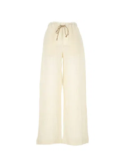 120% Lino Drawstring Wide-leg Trousers In Neutral