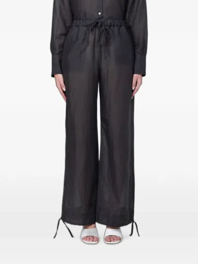 120% Lino Drawstring-waist Palazzo Pants In Black