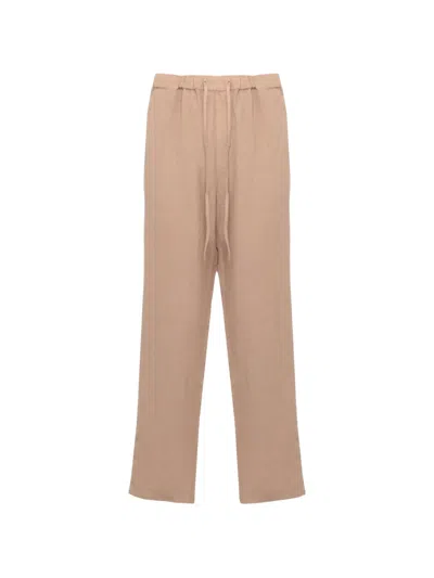 120% Lino Drawstring-waist Trousers In Brown