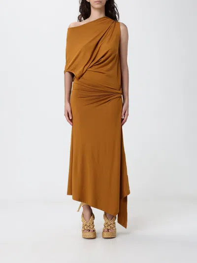 120% Lino Draped Asymmetric Dress In Brown
