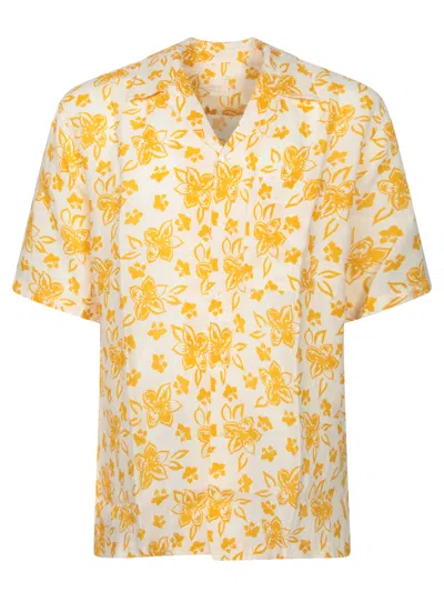 120% Lino Ecru Linen Shirt With Yellow Floral Print