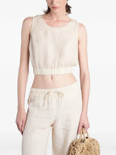 120% Lino Elasticated-hem Cropped Top In Neutral