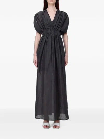 120% Lino Elasticated-waist Braided-belt Maxi Dress In Black