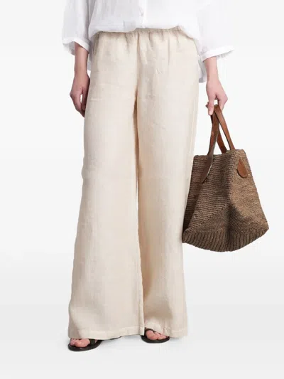 120% Lino Elasticated-waist Side-slit Palazzo Pants In Neutral