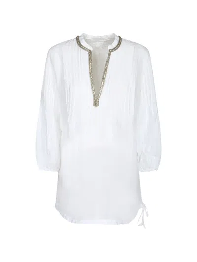 120% Lino Embellished Pintuck-detail Top In White