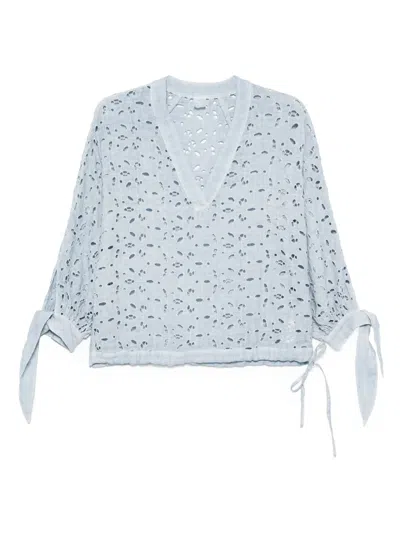 120% Lino Embroidered Blouse In Blue