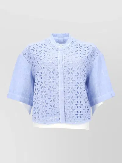 120% Lino Embroidered Jacket Layered Design Mandarin Collar In Blue