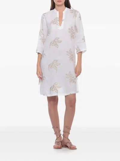 120% Lino Embroidered V-neck Mini Dress In White