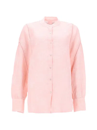 120% Lino Mandarin Collar Floral Jacquard Blouse In Pink