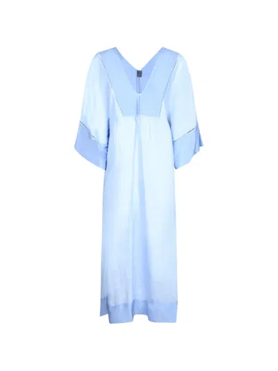 120% Lino Faggoting-trimmed Panelled Midi Dress In Blue