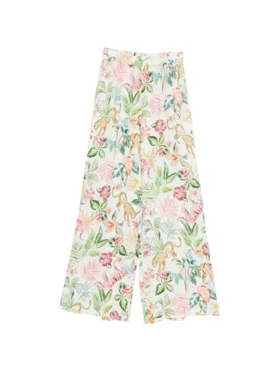 120% Lino Floral Animal Print Trousers In White