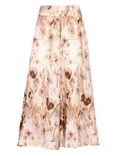 120% Lino Floral-print Side-zip Midi Skirt In Pink