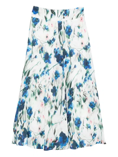 120% Lino Floral-print Skirt In Blue