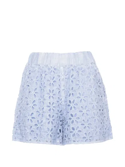 120% Lino Floral-broderie Shorts In Blue