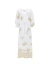 120% Lino Relaxed Fit Midi Dress With Gold Floral Lurex Details In White