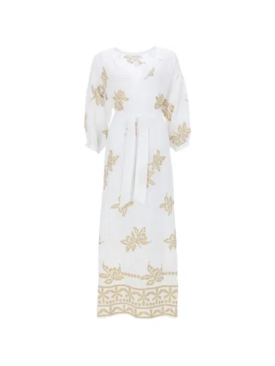120% Lino Floral-embroidered Midi Dress In White