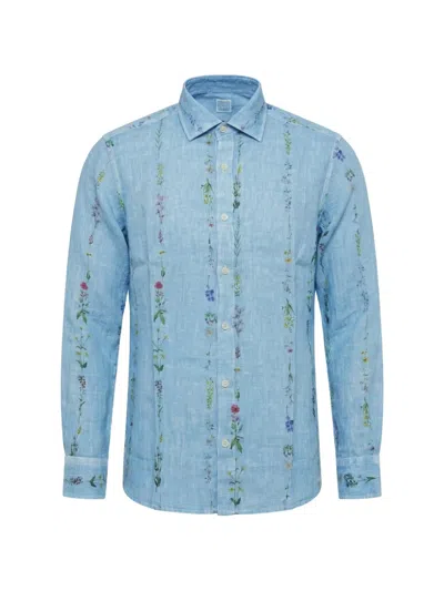 120% Lino Floral-print Linen Shirt In Blue