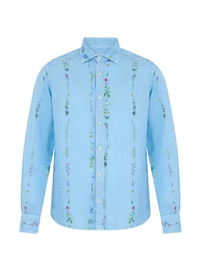120% Lino Floral-print Shirt In Blue