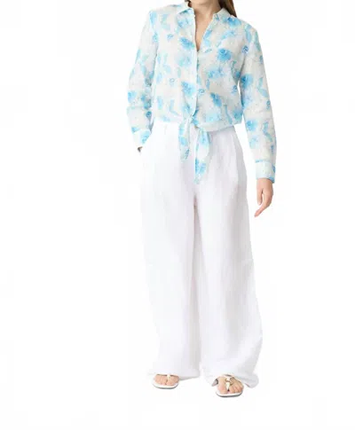 120% Lino Flower Print Linen Blouse In Blue