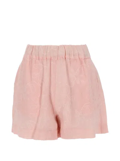 120% Lino Floral Jacquard Elastic Waistband Shorts In Pink