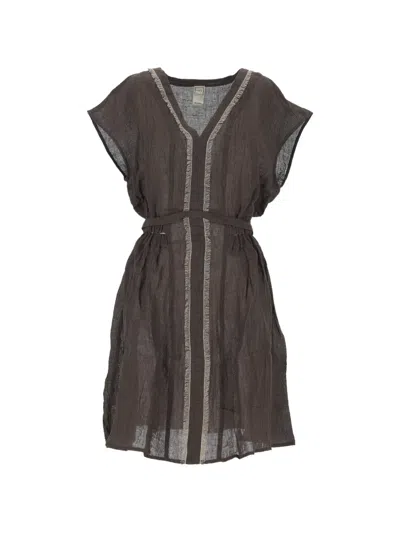 120% Lino Frayed-trim Belted Mini Dress In Green