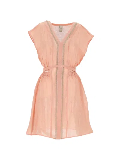 120% Lino Fringed-trim Belted Dress In Pink