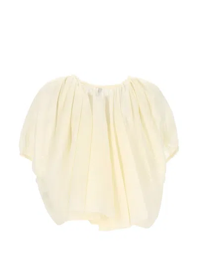 120% Lino Gathered Puff-sleeve Blouse In Neutral