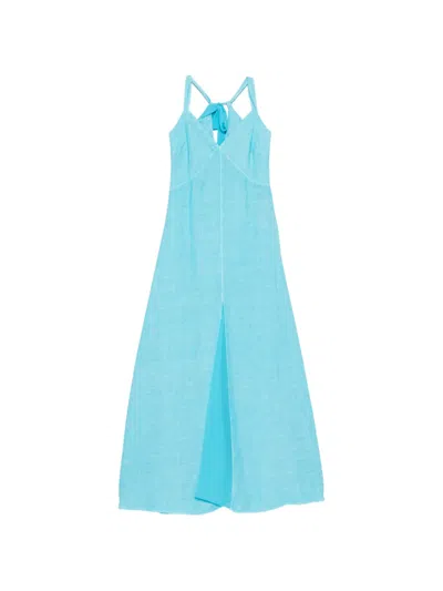 120% Lino Gathered-waist V-neck Maxi Dress In Blue