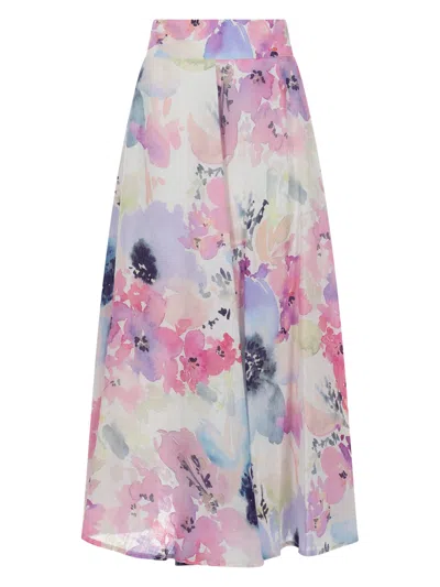 120% Lino Floral-print Cotton Maxi Skirt In Pink