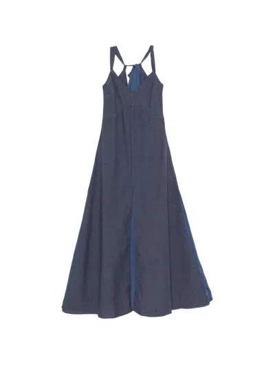 120% Lino Halterneck Flared Maxi Dress In Blue