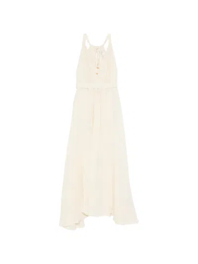 120% Lino Halterneck Gathered Maxi Dress In Neutral