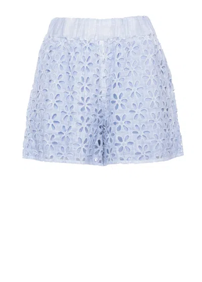 120% Lino Light Blue Floral Lace Linen Shorts