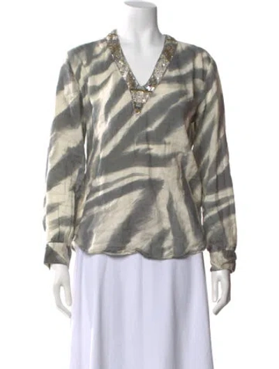 Pre-owned 120% Lino Linen Animal Print Blouse In Gray