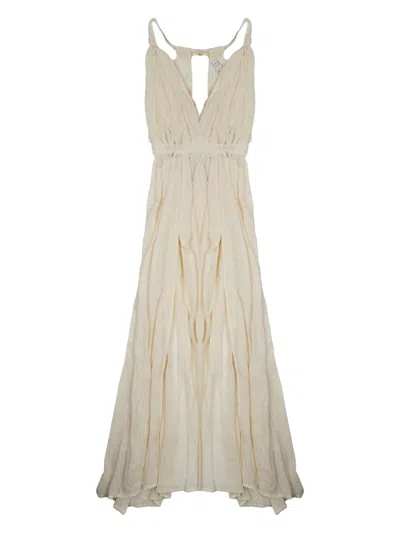 120% Lino V-neck Viscose Linen Flared Dress In Neutral