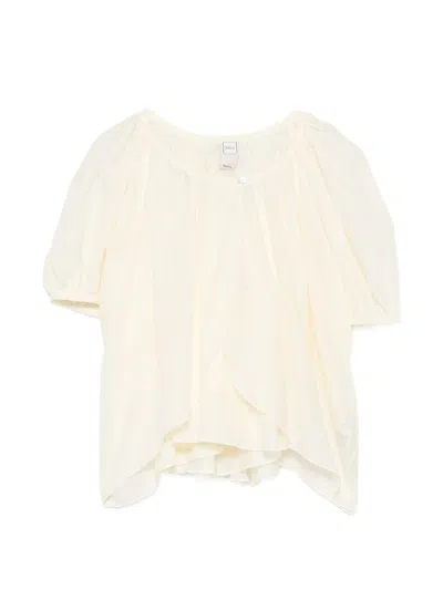 120% Lino Linen Blouse With Ruffled Sleeves And Button Front In Bianco