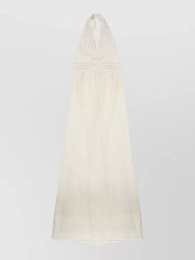 120% Lino Linen Crochet Maxi Halterneck Open Back Dress In White