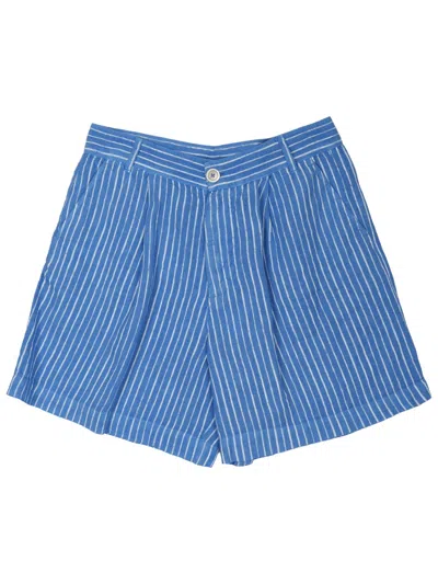 120% Lino Bermuda Shorts Striped Pattern Belt Loops Pocket In Blue