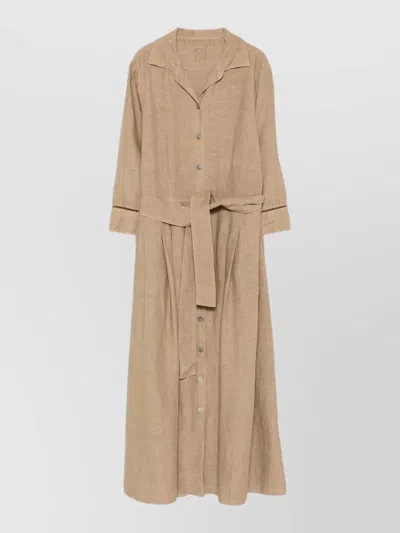 120% Lino Linen Dress Belted Waist Pleated Design In Neutral