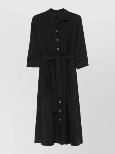 120% Lino Short Sleeve Mini Linen Dress With Belted Waist And Pockets In Black
