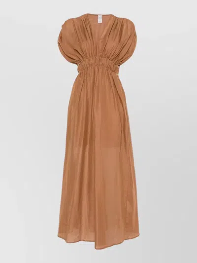 120% Lino Linen Dress Cap Sleeves Elastic Waistband In Brown