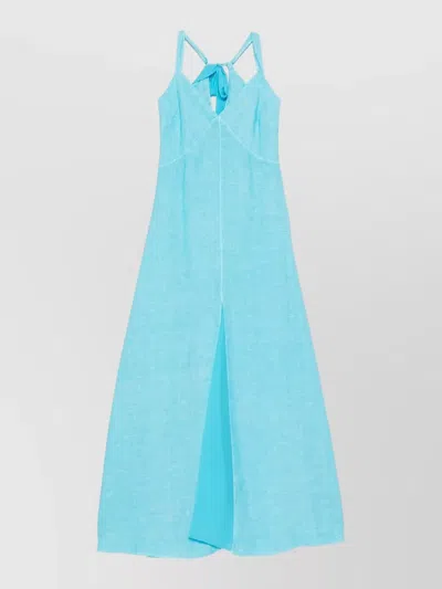 120% Lino Linen Dress Maxi Length Summer Neckline In Blue