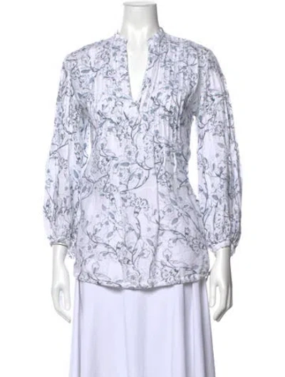 Pre-owned 120% Lino Linen Floral Print Blouse In Blue