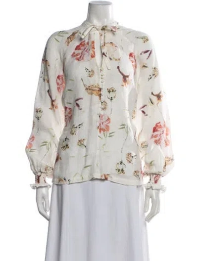 Pre-owned 120% Lino Linen Floral Print Blouse In Neutrals