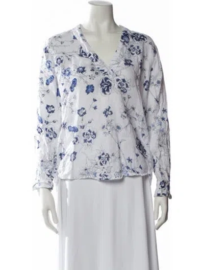 Pre-owned 120% Lino Linen Floral Print Blouse In White