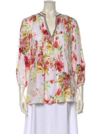 Pre-owned 120% Lino Linen Floral Print Blouse In White
