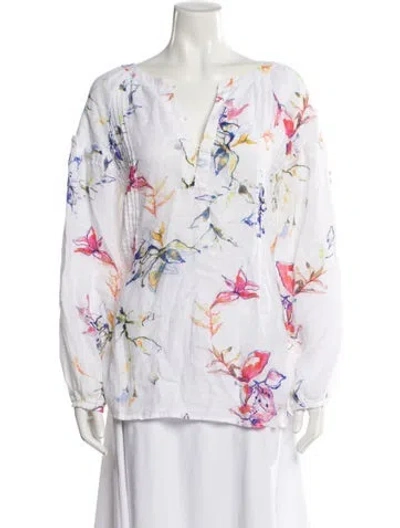 Pre-owned 120% Lino Linen Floral Print Blouse In White