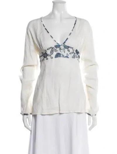 Pre-owned 120% Lino Linen Floral Print Blouse In White